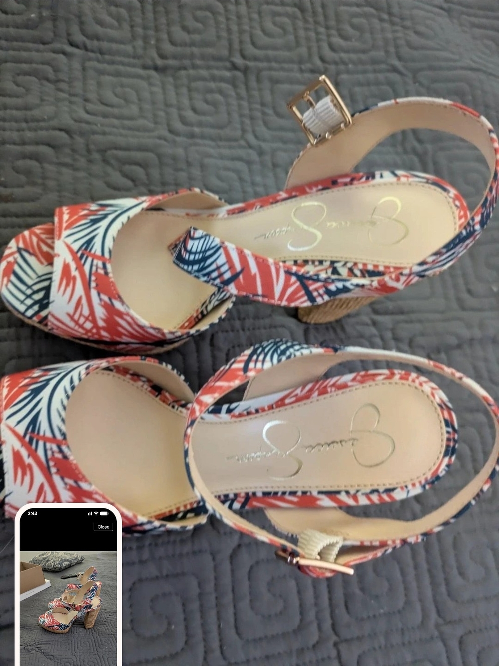 Jessica Simpson Coral and Navy Tropical Print Slingback Wedges